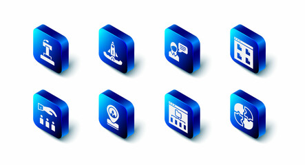 Set Rocket, Speech bubble chat, Browser files, Piece of puzzle, Worker location, Boss with employee and Stage stand tribune icon. Vector