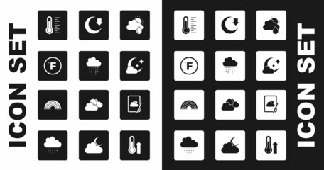 Set Cloud with rain and sun, Fahrenheit, Meteorology thermometer, moon, Moon, Weather forecast and Rainbow icon. Vector © Kostiantyn