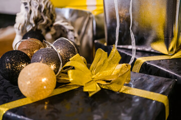 christmas toys close-up. New Year's gifts, tree, decorations close-up. New Year gift