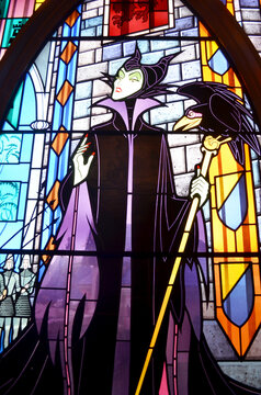 Colorful Disney Stain glass window from sleeping beauty, situated in the Disney castle of Paris Disney resort.