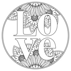 love words with mehndi flowers for coloring book page doodle ornament