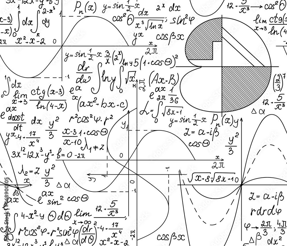 Wall mural scientific math vector seamless pattern with formulas, calculations and geometrical figures handwrit