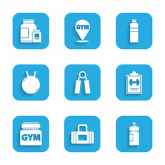 Set Sport expander, bag, Fitness shaker, training program, Sports nutrition, Kettlebell, and icon. Vector