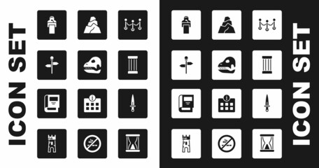 Set Rope barrier, Dinosaur skull, Road traffic signpost, Gives lecture, Ancient column, Rock stones, Dagger and History book icon. Vector