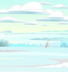 Fototapeta na wymiar Glade. Winter rural landscape with cold white snow and drifts. Beautiful frosty view of countryside hilly plain. Flat design cartoon style. Vector