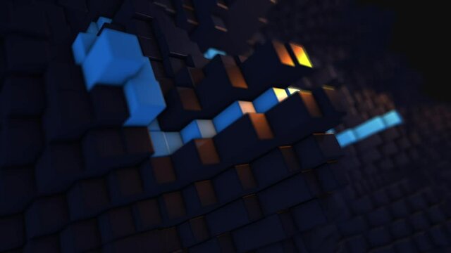 Voxel Block animation with lightning and reflections. Tech  Background in FULL HD. Blockchain IT, streamer background.