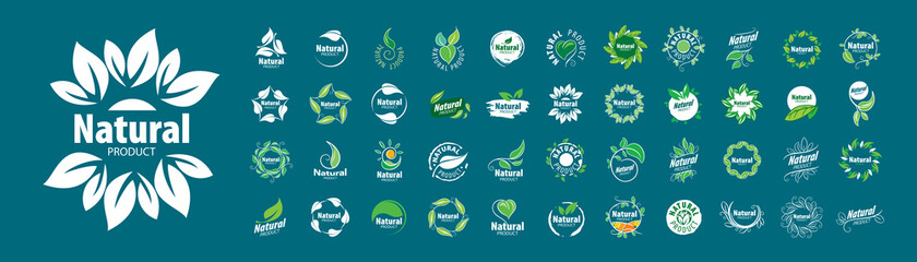 A set of vector logos of a Natural Product on a blue background