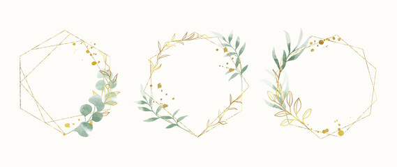 Abstract watercolor floral frame background vector.  Watercolor invitation design with leaves, flower , gold geometric frame and watercolor brush strokes. Vector illustration.
