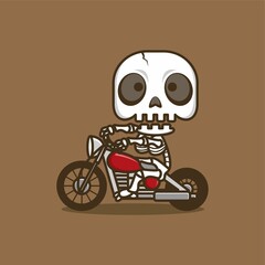 cute cartoon skull character riding a motorbike. vector illustration for mascot logo or sticker