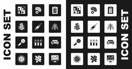 Set Clinical record, Syringe, Bacteria, Periodic table, Experimental insect, Virus, Electronic scales and Microorganisms under magnifier icon. Vector