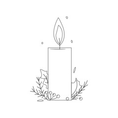 Vector isolated illustration of a Christmas candle decorated with branches of fir cones and berries. candles in rustic Scandinavian style.