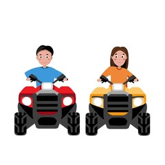 Girl and boy rides a quad bikes. ATV  rental, active hobbies. Vector illustration. Kids