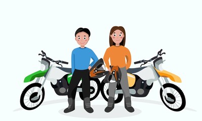 Girl and boy rides motorbikes, active hobbies. Vector illustration. Kids
