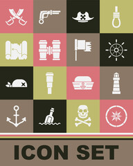 Set Compass, Lighthouse, Ship steering wheel, Pirate hat, Binoculars, treasure map, Crossed pirate swords and flag icon. Vector