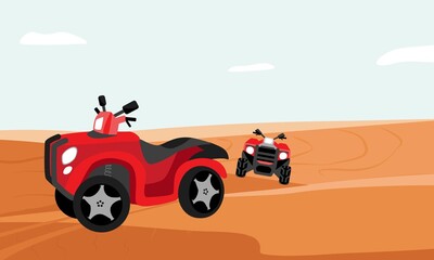 Two ATVs stands on the sand in the desert. Vector illustration