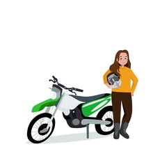 A woman is standing with a motorcycle. Motorcycle helmet. Vector illustration