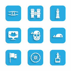 Set Skull, Compass, Alcohol drink Rum, Pirate bandana for head, flag, Location pirate, Lighthouse and Rope tied knot icon. Vector