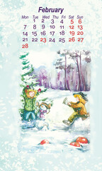 Calendar 2022, for children, watercolor illustrations, a story about fabulous little people. Calendar, January, February, March, April, May, June, July, August, September, October, November, December,