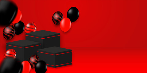 Black Friday Sale theme product display podium. Design with black- red balloons on red background .Vector. illustration.