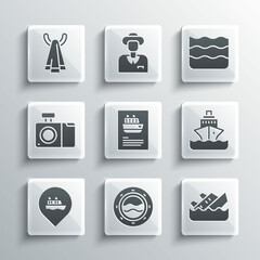 Set Ship porthole with seascape, Sinking cruise ship, Cruise, Location, Photo camera, Towel hanger and Wave icon. Vector