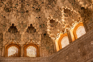Ceiling of the Hall of the Two Sisters (Sala de Dos Hermanas) decorated with moorish ornaments at...