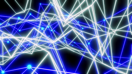 Abstract technology background with neon glowing blue white lines on black, science graph, diagram, 3D striped render background.