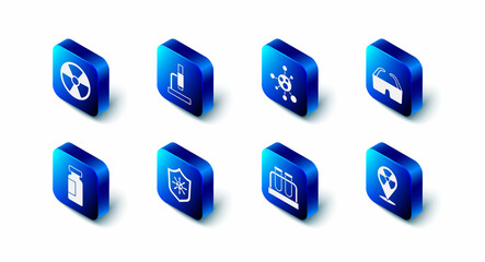 Set Microscope, Molecule, Safety goggle glasses, Radioactive in location, Test tube and flask, Shield protecting from virus, and icon. Vector