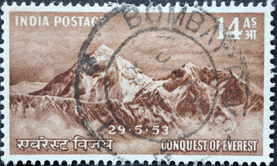 India - circa 1953: a postage stamp from India showing the Mount Everest. conquest of everest