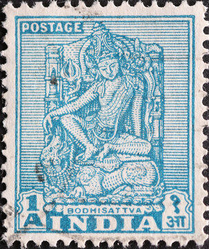 India - circa 1949: a postage stamp from India showing the Enlightened Bodhisattva