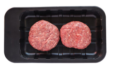 Minced beef, Raw ground beef meat in plastic tray. Top view with clipping path.