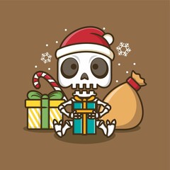 cute cartoon skull character,with christmas gift. vector illustration for mascot logo or sticker