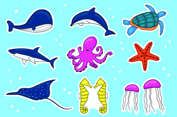 Colorful Hand drawn Sea Animals Stickers Collection