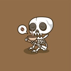 cute cartoon skull character,enjoying a cup of coffee. vector illustration for mascot logo or sticker