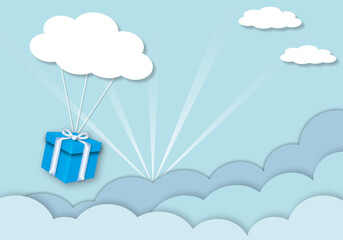 Blue gift with cloud and sunlight on sky background, pastel backdrops, greeting design, illustration for greeting card of birthday or valentine and wedding, Love concept, paper art design style.