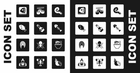 Set Octopus of tentacle, Soy sauce bottle, Tropical fish, Fish head, skeleton, Sushi, Served bowl and steak icon. Vector