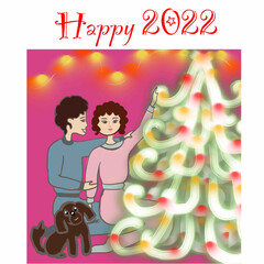 happy new year,merry christmas,happy holidays,happy 2022,christmas tree,family,husband,wife,dog,snow,hello winter,snow-covered house,christmas trees,snowflakes,snowy landscape,winter cozy landscape,wh