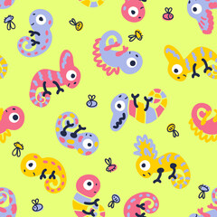 Fototapeta na wymiar Hand drawn seamless pattern with chameleons and flies. Perfect for T-shirt, fabric, textile and print. Doodle vector illustration for decor and design. 