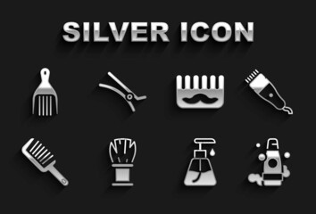 Obraz premium Set Shaving brush, Electrical hair clipper, Bottle of shampoo, Cream cosmetic tube, Hairbrush, Barrette and icon. Vector