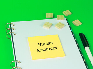 sticker note on note book, human resources wording with cube wooden on green background
