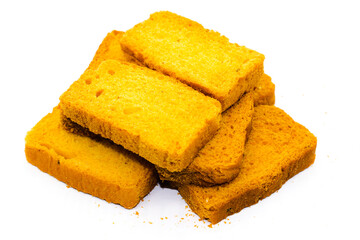 Crispy rusk on white background with selective focus
