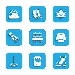 Set Bench, Jam jar, Waterproof rubber boot, Sweater, Garden rake, Winter scarf, Leaf or leaves and Sun and cloud weather icon. Vector