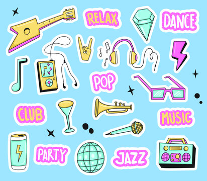 Colorful Hand Drawn Music And Party Stickers