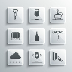 Set Wine glass, tasting, degustation, corkscrew, Bottle of wine, Cloud with rain, Wooden barrel for, opener and italian fiasco bottle icon. Vector