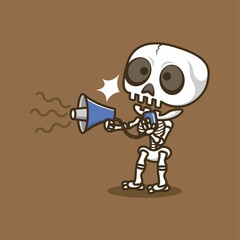 cute cartoon skull character protests using megaphone. vector illustration for mascot logo or sticker