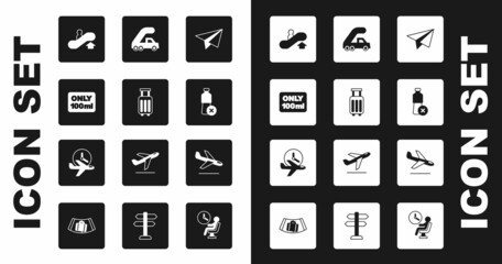 Set Paper airplane, Suitcase, Liquids in carry-on baggage, Escalator up, No water bottle, Passenger ladder for boarding, Plane landing and Flight time icon. Vector