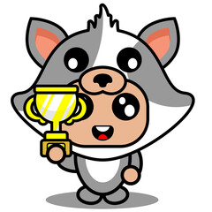 vector cartoon cute pet cat mascot costume character holding a trophy