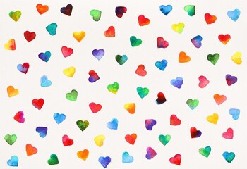 Watercolor hearts background, different colors, on white. Colorful hearts abstract pattern.
