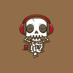 cute cartoon skull character relax enjoy music. vector illustration for mascot logo or sticker