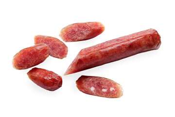 Chinese sausage sliced, Chinese Pork Sausages for cooking on white background.from above. Clipping path.