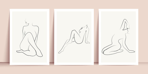 Woman One Line Drawing Prints Set. Female Figure Creative Contemporary Abstract Line Drawing. Beauty Fashion Female Figure. Vector Minimalist Design for Wall Art, Print, Card, Poster.
